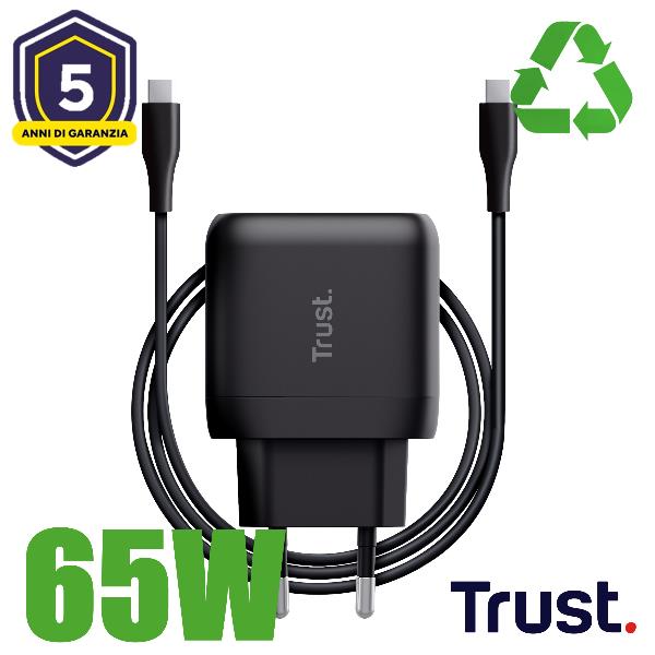 Alimentatore Notebook Trust 65W USB-C Nero Cavo Incluso Plastica Riciclata