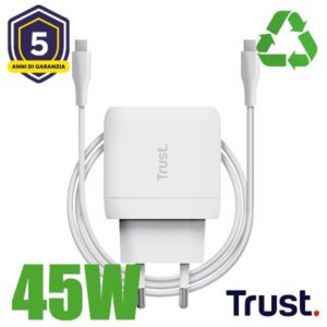 Alimentatore Notebook Trust 45W USB-C Bianco Cavo Incluso