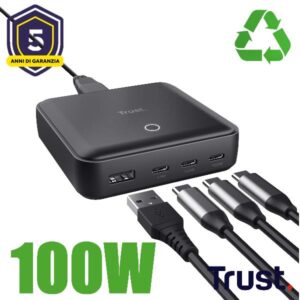 Alimentatore da Tavolo Trust Maxo 100W 4 Porte USB (3 USB-C 1 USB-A) Nero