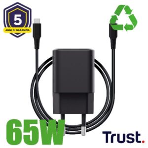 Alimentatore Trust 65W USB-C GaN Ultracompatto Cavo Incluso Nero