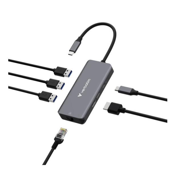 Hub USB Verbatim 6in1 RJ45 PD100W 3 Porte USB-C/USB-A Grigio