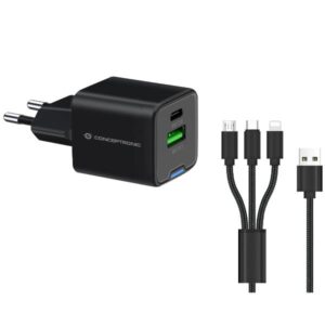 Caricatore Notebook Conceptronic PD GaN 33W 2 Porte USB-C/A Cavo 3in1