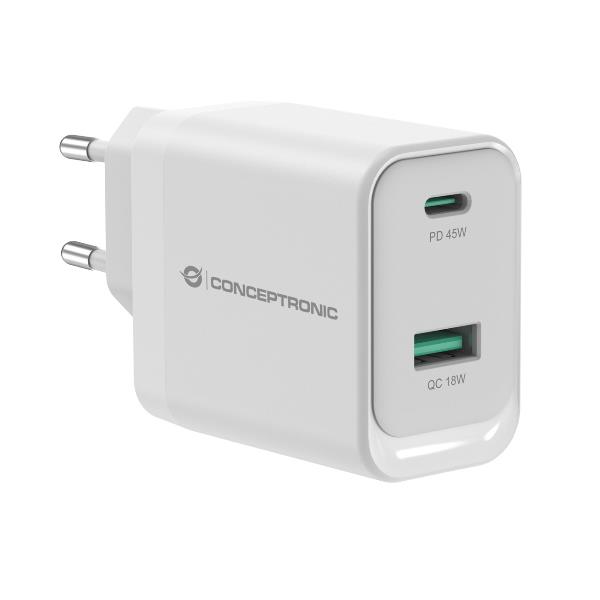 Caricatore Notebook Conceptronic PD USB 2 Porte 45W GaN USB-C USB-A QC 3.0
