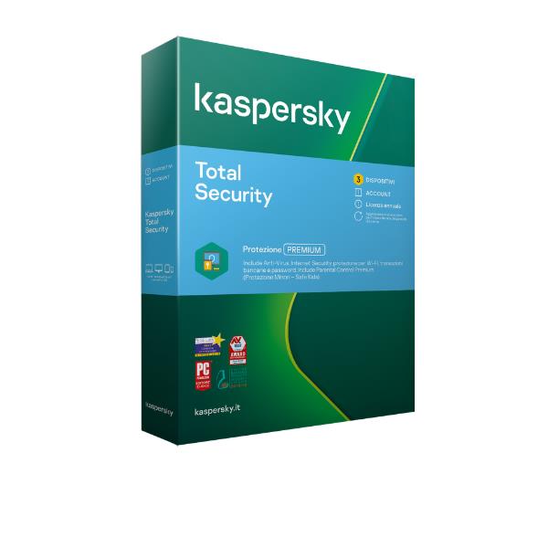 Software Sicurezza Kaspersky Total Security Box 2021 Licenza 3 PC 1 Anno