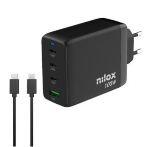 Caricabatterie GaN Nilox 100W 4 Porte USB-C Nero con Cavo 2m