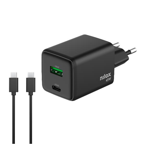 Caricabatterie GaN Nilox 45W 2 Porte USB-C Nero con Cavo 2m