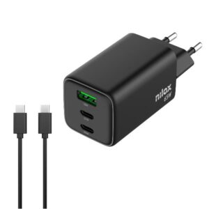 Caricabatterie GaN Nilox 65W 3 Porte USB-C Nero con Cavo 2m