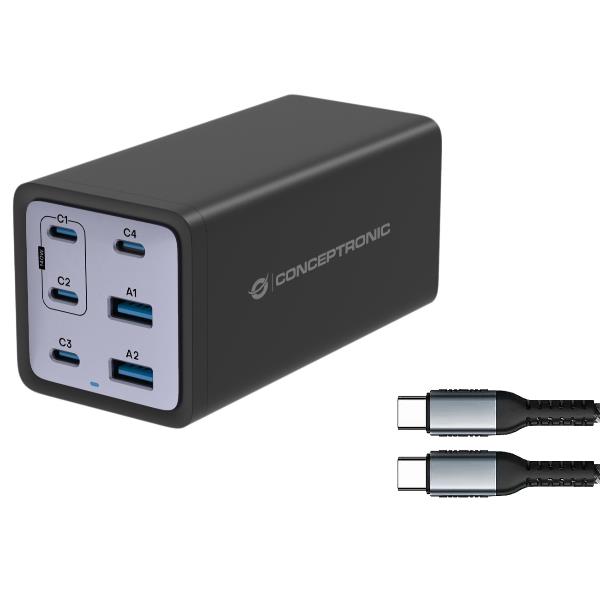 Caricatore USB GaN 6 Porte Conceptronic 200W PD 3.1 QC 3.0 PPS