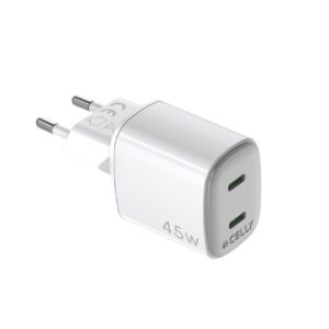 Caricabatterie Celly UPTC2USBC45W GaN 45W Bianco 2 Porte USB-C