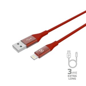 Cavo USB-A to Lightning Celly 3 metri Silicone Rosso 12W