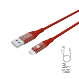 Cavo USB-A Micro USB Celly 3 metri Silicone Rosso 12W