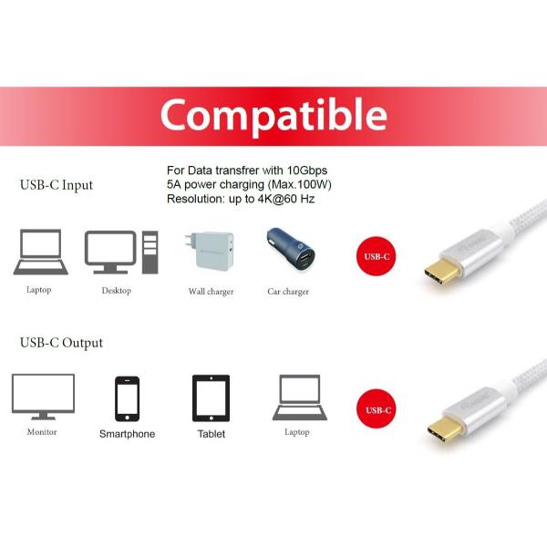 Cavo USB-C EQUIP 0.5m PD100W 4K/60Hz 10Gbps Bianco - immagine 3