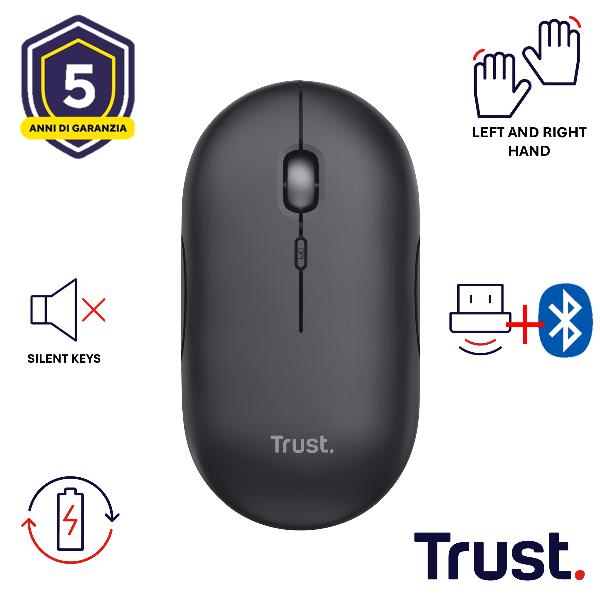 Mouse Wireless Trust Puck Ricaricabile Bluetooth 2.4GHz Ultrasottile Silent 1600DPI Nero