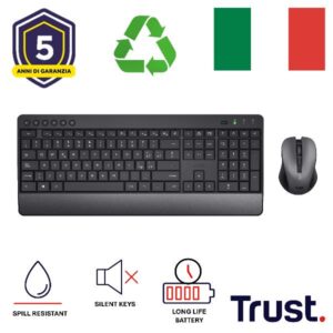 Kit Tastiera e Mouse Wireless Trust Trezo Silenzioso Layout Italiano Nero