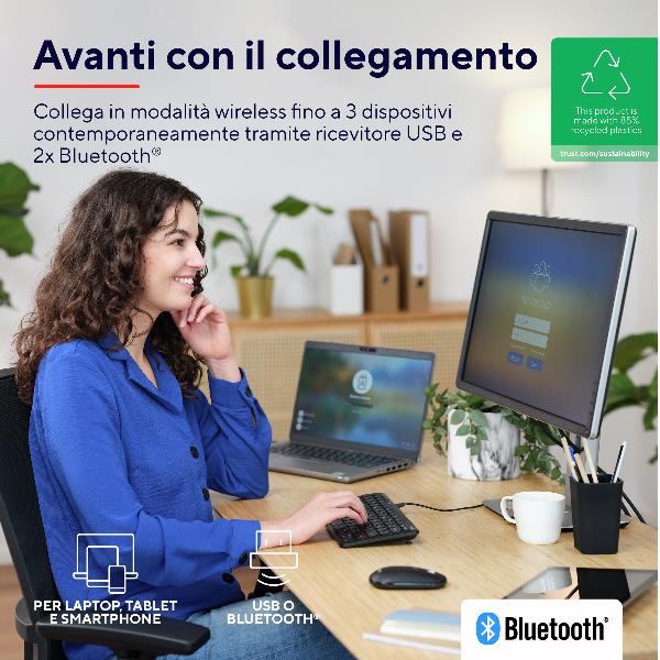 Tastiera Wireless Trust Lyra Ricaricabile Multiconnect 2 BT + 1 WL 2.4GHz - immagine 2