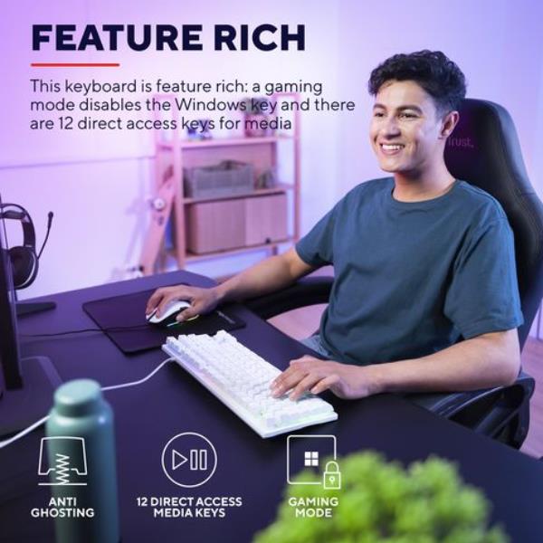 Tastiera Gaming Trust GXT833W Thado TKL Compatta Cablata Illuminata Bianco - immagine 4