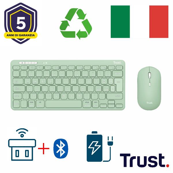 Kit Tastiera e Mouse Wireless Trust Lyra Verde Ricaricabile Bluetooth 2.4GHz Italiano - immagine 4