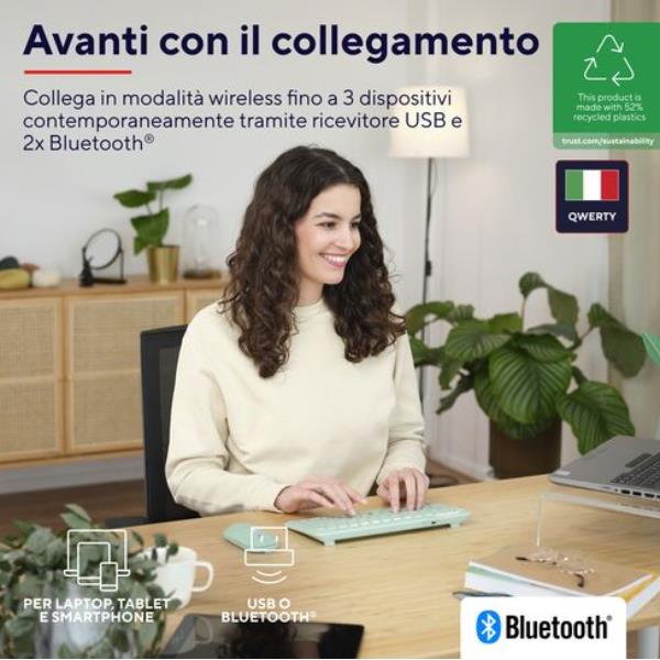 Kit Tastiera e Mouse Wireless Trust Lyra Verde Ricaricabile Bluetooth 2.4GHz Italiano - immagine 6