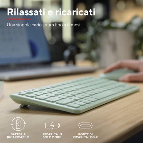 Kit Tastiera e Mouse Wireless Trust Lyra Verde Ricaricabile Bluetooth 2.4GHz Italiano - immagine 8