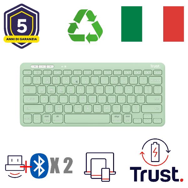 Tastiera Wireless Trust LYRA Ricaricabile 3 Dispositivi 52% Plastica Riciclata Italiano Azzurro
