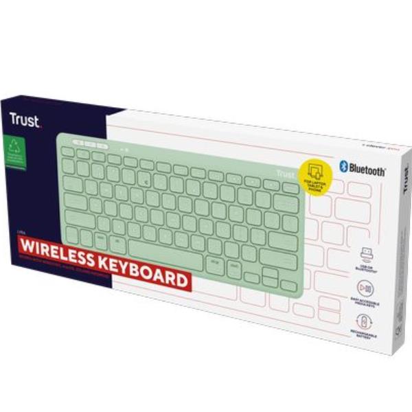 Tastiera Wireless Trust LYRA Ricaricabile 3 Dispositivi 52% Plastica Riciclata Italiano Azzurro - immagine 3