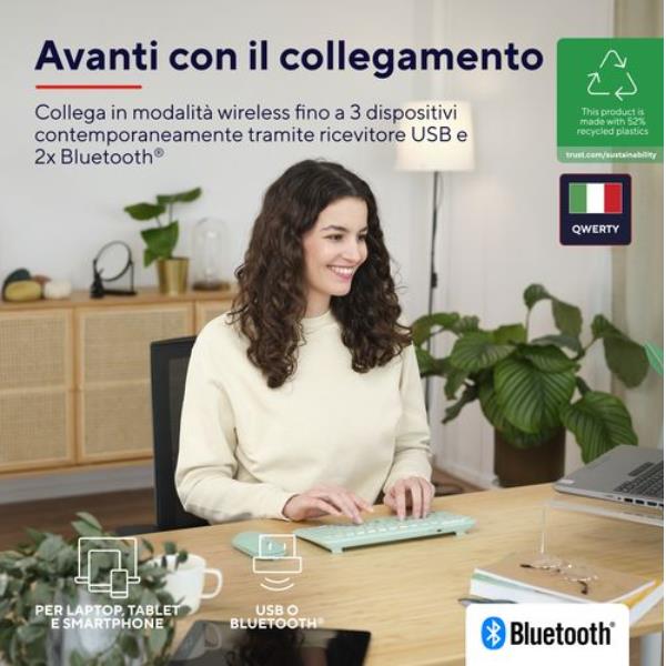 Tastiera Wireless Trust LYRA Ricaricabile 3 Dispositivi 52% Plastica Riciclata Italiano Azzurro - immagine 8