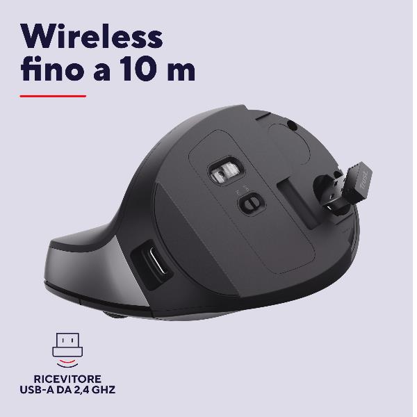 Mouse Wireless Trust Bayo II Verticale Ergonomico Ricaricabile Nero - immagine 2