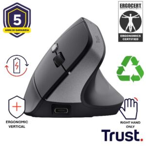 Mouse Wireless Trust Verticale Ergonomico Ricaricabile Nero TM-270
