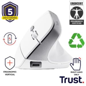Mouse Wireless Trust Bayo II Verticale Ergonomico Ricaricabile Bianco