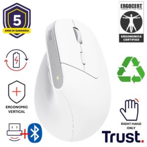 Mouse Wireless Trust Bayo+ Verticale Ricaricabile Bluetooth 2.4GHz Bianco