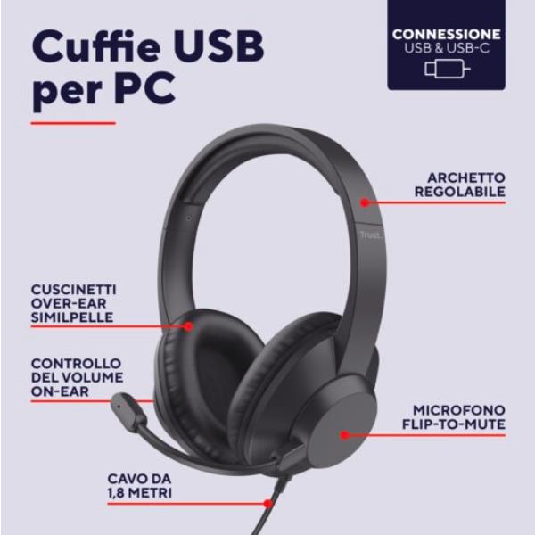Cuffie USB Trust Ayda Max con Microfono e Controllo Volume - immagine 5