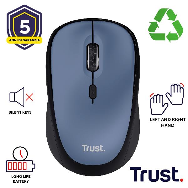 Mouse Wireless Trust YVI+ Silenzioso 1600DPI Riciclabile Dark Blu