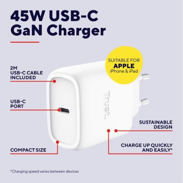 Caricabatterie USB-C Trust 45W per Apple Bianco - immagine 3