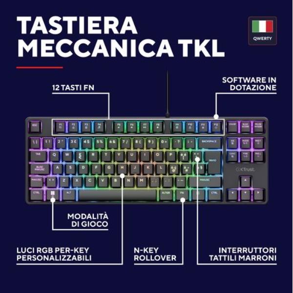 Tastiera Gaming Trust GXT 864 Cada TKL Meccanica Cablata RGB Italiano - immagine 10