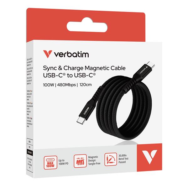 Cavo USB C Verbatim Magnetico 100W 1.2m Nylon Nero - immagine 3