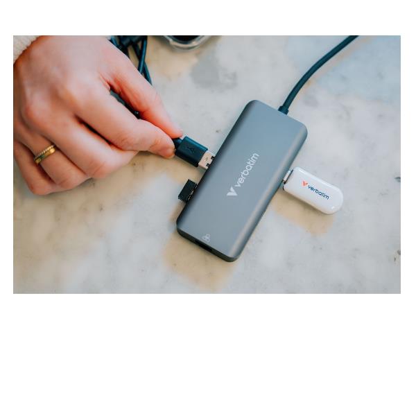 Hub USB Verbatim 6in1 RJ45 PD100W 3 Porte USB-C/USB-A Grigio - immagine 3