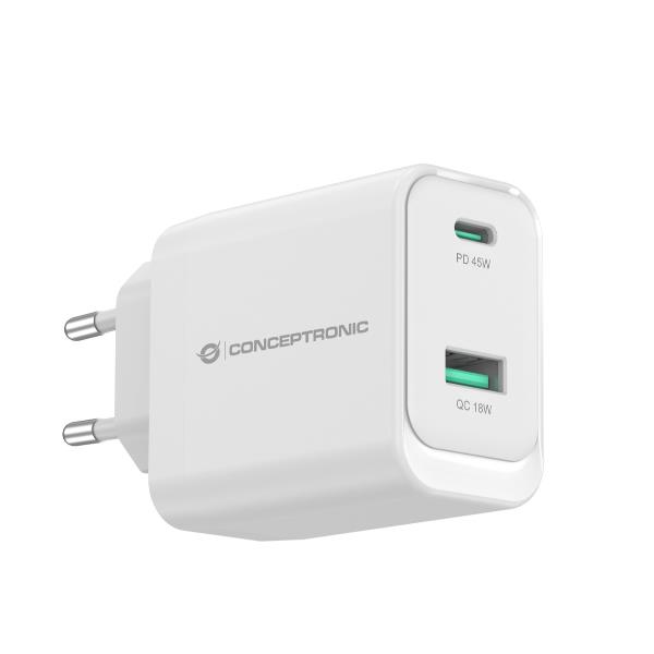 Caricatore Notebook Conceptronic PD USB 2 Porte 45W GaN USB-C USB-A QC 3.0 - immagine 3