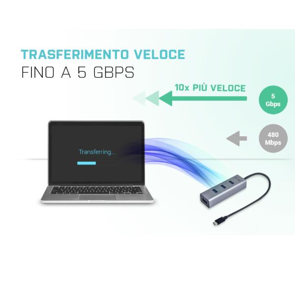 Hub USB I-Tec 4 Porte USB-A 3.0 Grigio - immagine 4