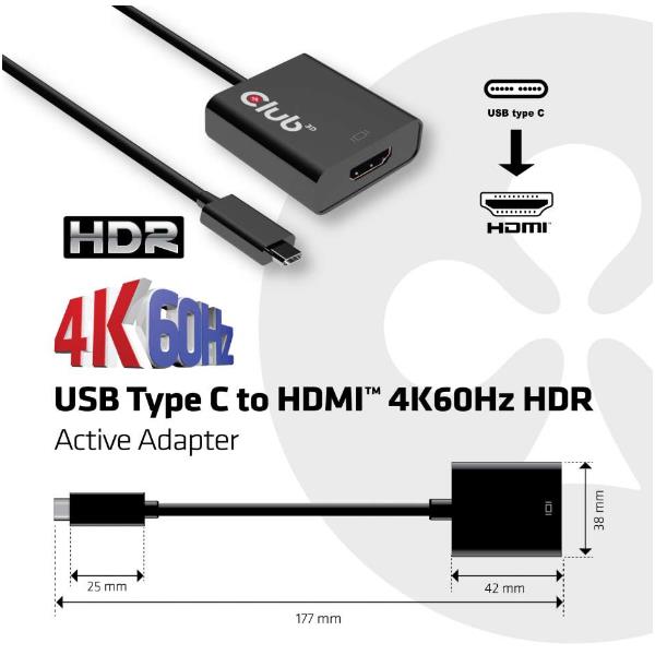 Adattatore Attivo Club3D USB-C a HDMI 2.0 Nero - immagine 2
