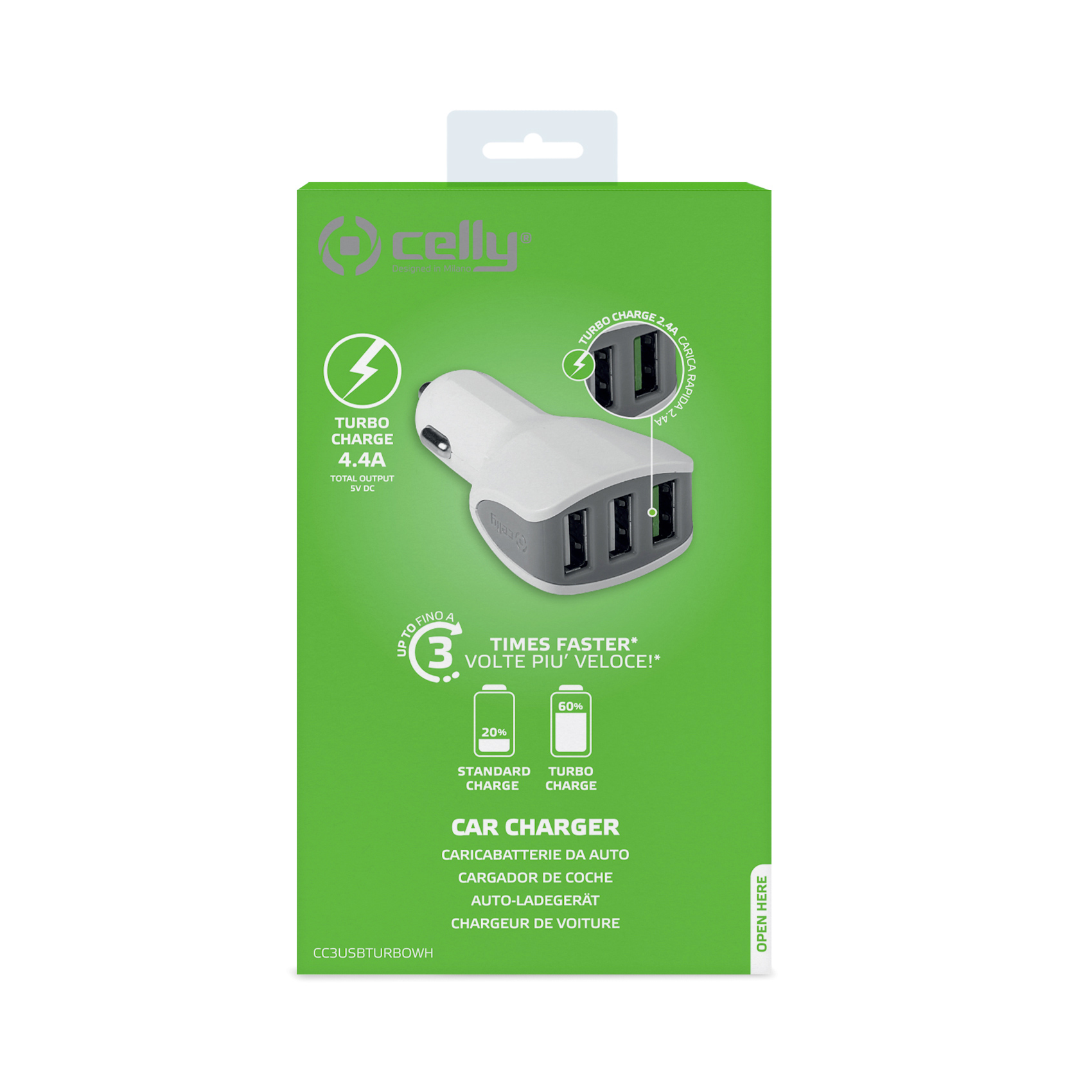 Caricabatterie Auto Celly CC3USBTURBO 22W 3 Porte USB Bianco - immagine 4