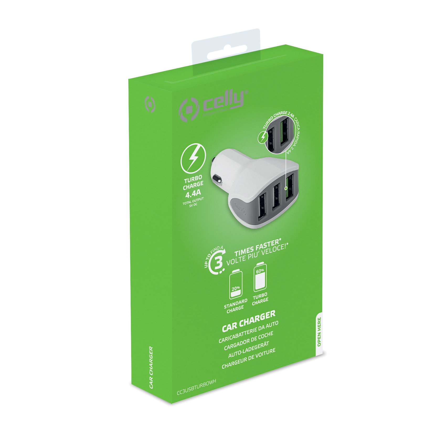 Caricabatterie Auto Celly CC3USBTURBO 22W 3 Porte USB Bianco - immagine 5