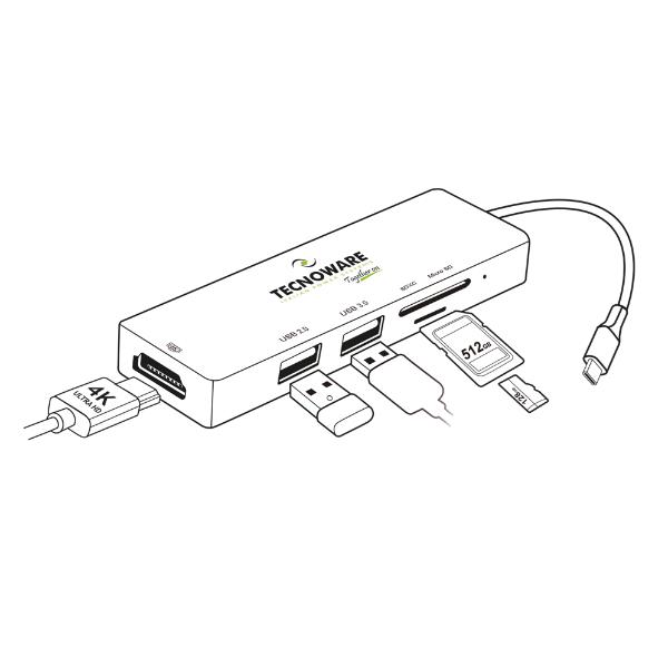 Hub USB-C Tecnoware 5 in 1 Nero 2 Porte USB 3.2 - immagine 5