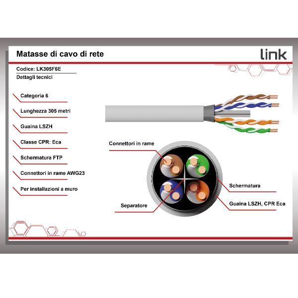 Cavo Rete Cat-6 FTP Prodotti Bulk 305m Grigio LSZH AWG23 Rame - immagine 2