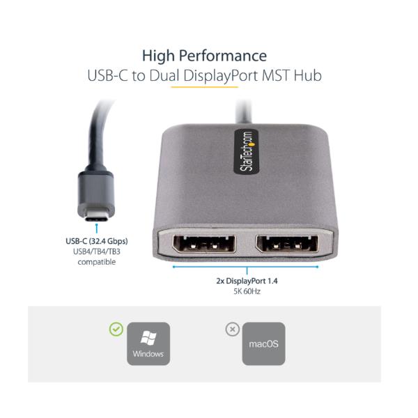 Adattatore USB-C a DisplayPort Startech Hub MST 2 Porte DP 1.4 - immagine 2