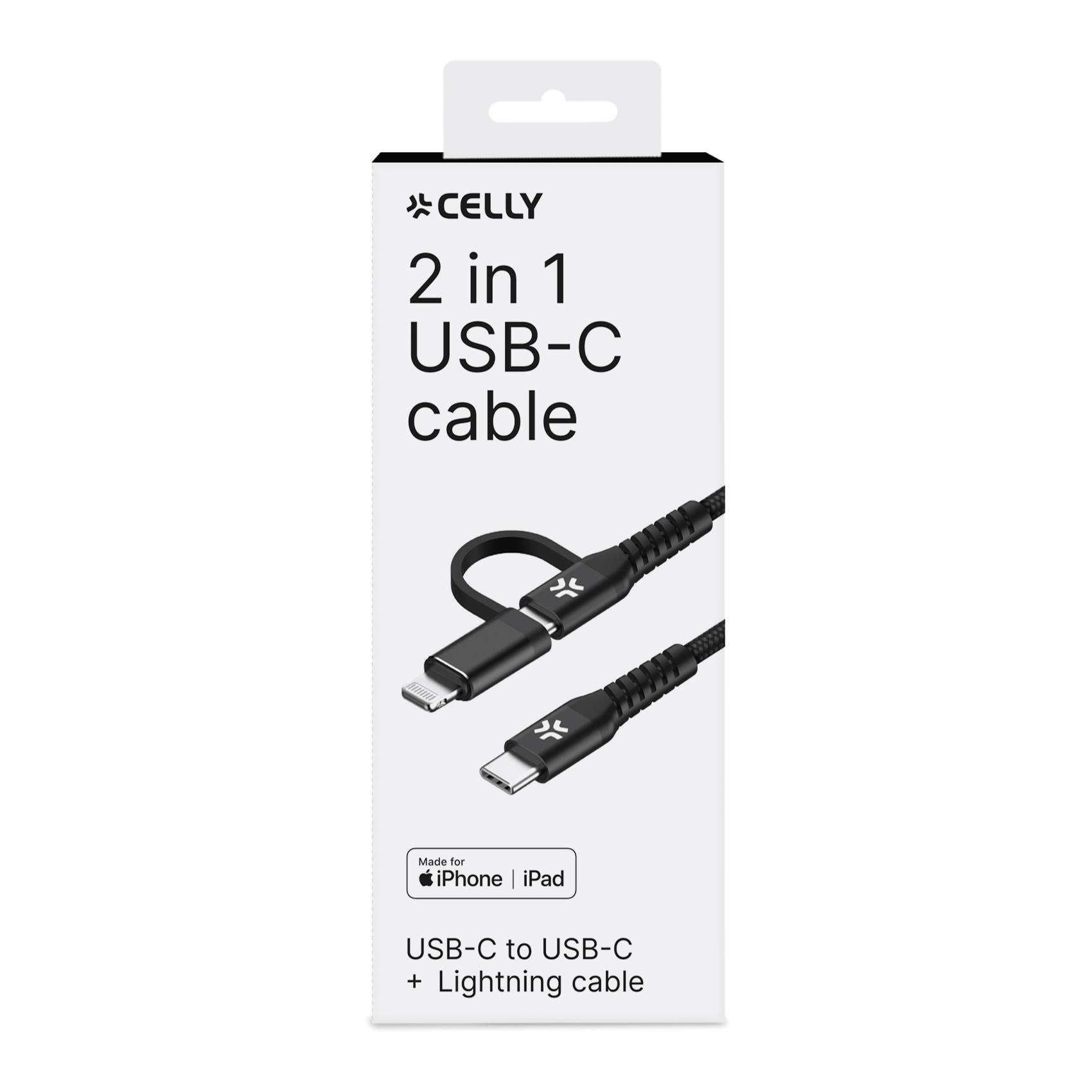 Cavo USB-C 2in1 Celly 100W 1m Nylon Nero - immagine 2