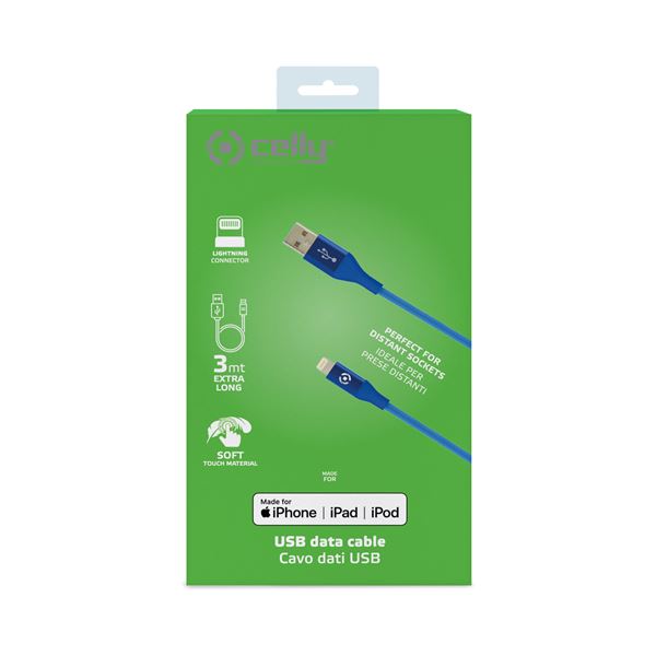 Cavo USB-A/Lightning Celly 3 metri Silicone Blu 12W - immagine 4
