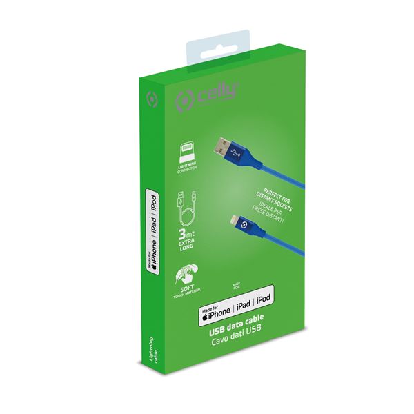 Cavo USB-A/Lightning Celly 3 metri Silicone Blu 12W - immagine 5
