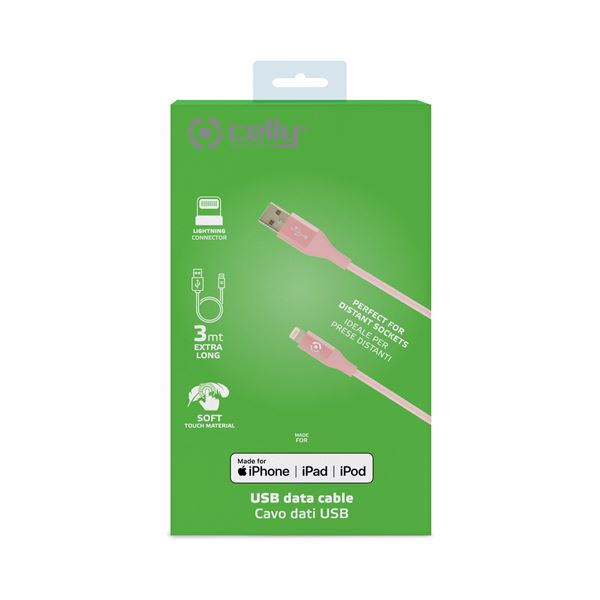 Cavo USB-A Lightning Celly 3 metri Silicone Rosa 12W - SKU: USBLIGHTCOL3MPK - Immagine 4