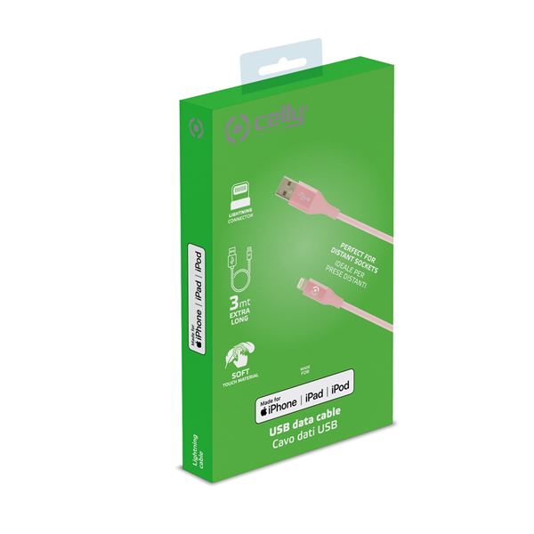 Cavo USB-A Lightning Celly 3 metri Silicone Rosa 12W - SKU: USBLIGHTCOL3MPK - Immagine 5