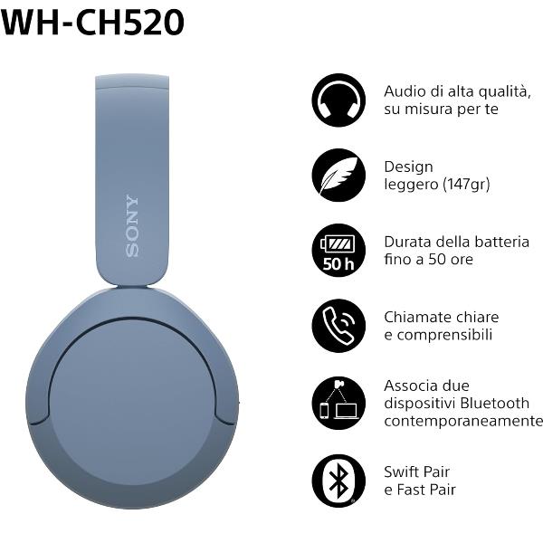 Auricolari Sony WH-CH520 Bluetooth Senza Fili Microfono Blu - immagine 2